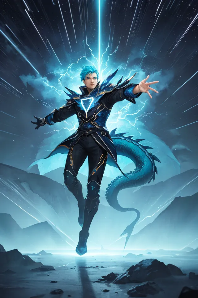 The image shows a man with blue hair and blue dragon wings. He is wearing a black and blue outfit. He is standing in a fighting stance, with his left hand raised and his right hand outstretched. He is surrounded by blue lightning and there is a large blue triangle in the background.