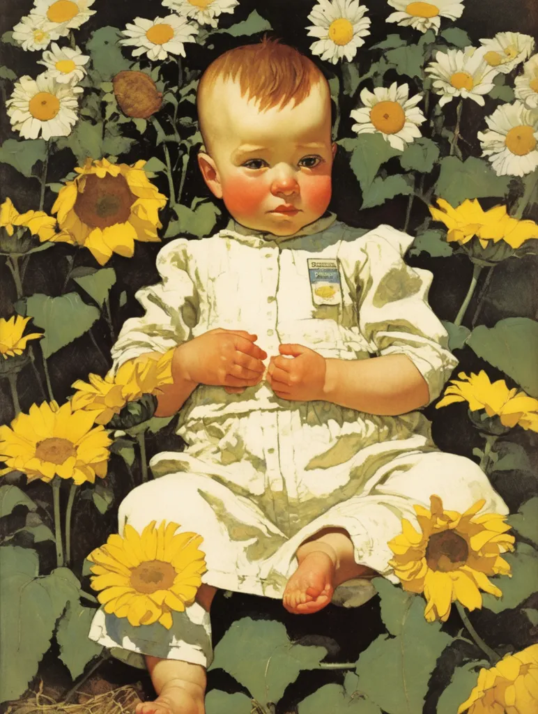 This image shows a baby sitting in a field of sunflowers and daisies. The baby is wearing a white outfit and has a round face with rosy cheeks. The sunflowers and daisies are in full bloom and surround the baby. The background is a dark green color. The baby is looking at the camera with a curious expression.