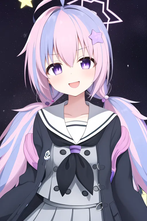 The image shows an anime-style girl with pink and blue hair. She is wearing a white shirt with a black jacket. There is a pink bow on her chest. She has purple eyes and a happy expression on her face. There are stars in the background.