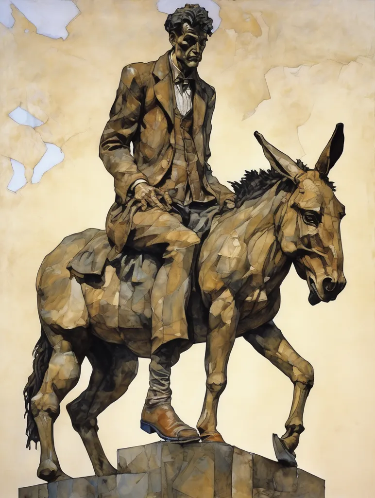 The image shows a man riding a donkey. The man is wearing a suit and a hat. He is holding the reins of the donkey with his left hand and a whip in his right hand. The donkey is walking with its head down. The background is a light brown color with some white clouds.