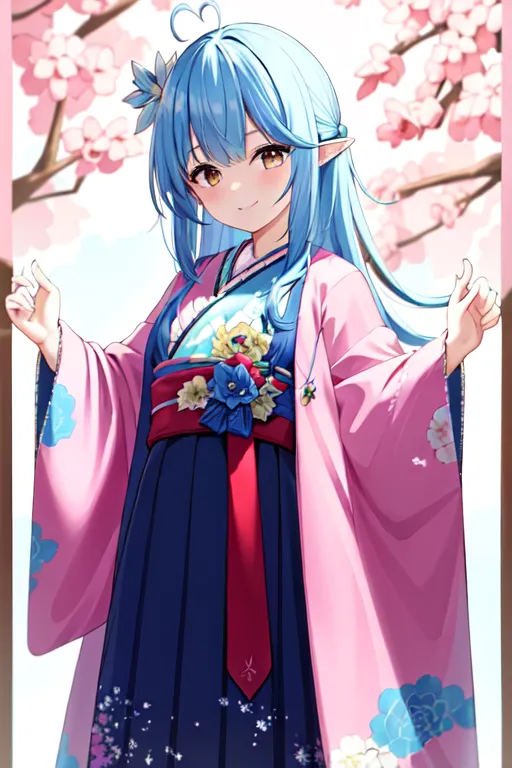 The image depicts a young girl with long blue hair and yellow eyes. She is wearing a kimono with a pink outer layer and a blue inner layer. The kimono has a floral pattern and is tied with a red obi. The girl is standing in front of a cherry blossom tree and has a smile on her face.