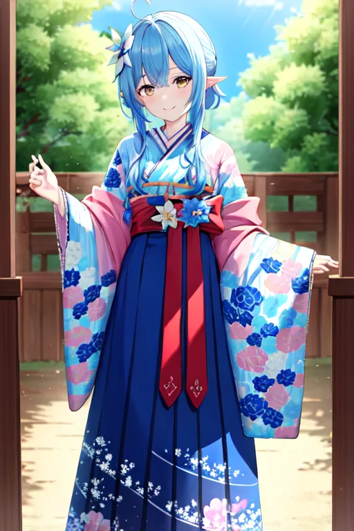 The image is of a young woman, with blue hair and yellow eyes, wearing a blue kimono with a pink obi. The kimono has a floral pattern. She is standing in a garden, with a blurred background of trees and flowers. The woman is smiling and has a gentle expression on her face.