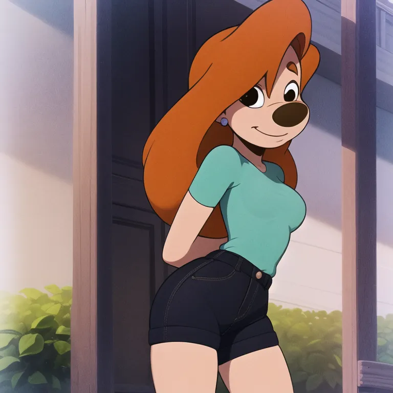 The image is of Roxanne from A Goofy Movie. She is a tall, slender anthropomorphic dog with orange fur, brown eyes, and long red hair. She is wearing a green T-shirt, blue denim shorts, and white sneakers. She is standing in front of a door, with her left hand on her hip and her right hand holding the door open. She has a confident smile on her face.