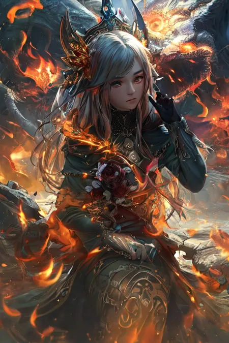 The image shows a beautiful, young woman with long, flowing white hair and silver eyes. She is wearing a green dress with gold trim and a gold crown. She is sitting on a rock in the middle of a fiery landscape. The flames are all around her, but she is not harmed by them. She is looking at the viewer with a calm expression.