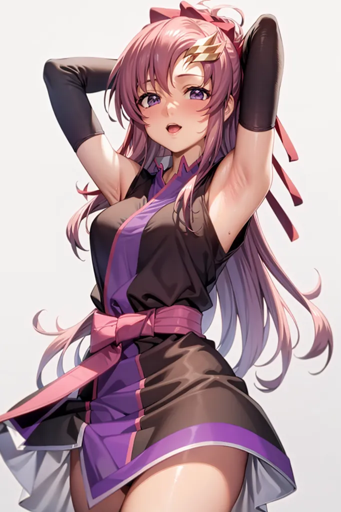 The image depicts a young woman with pink hair and purple eyes. She is wearing a black and purple kunoichi outfit with a pink obi and a large pink bow in her hair. She has a sly expression on her face and is looking at the viewer with one eye closed. She is standing with her arms in the air, showing off her toned arms and midriff.