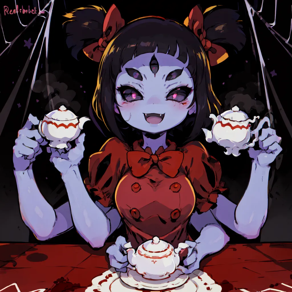 The image is of Muffet from the indie game Undertale. She is a spider-like creature with four eyes and eight arms. She is wearing a red dress with a white collar and has a large red bow in her hair. She is sitting at a table with a white tablecloth, and there are teacups and teapots on the table. Muffet is smiling and has her hands on the teacups. There is a dark background with a cobweb pattern, and there are stars in the background.