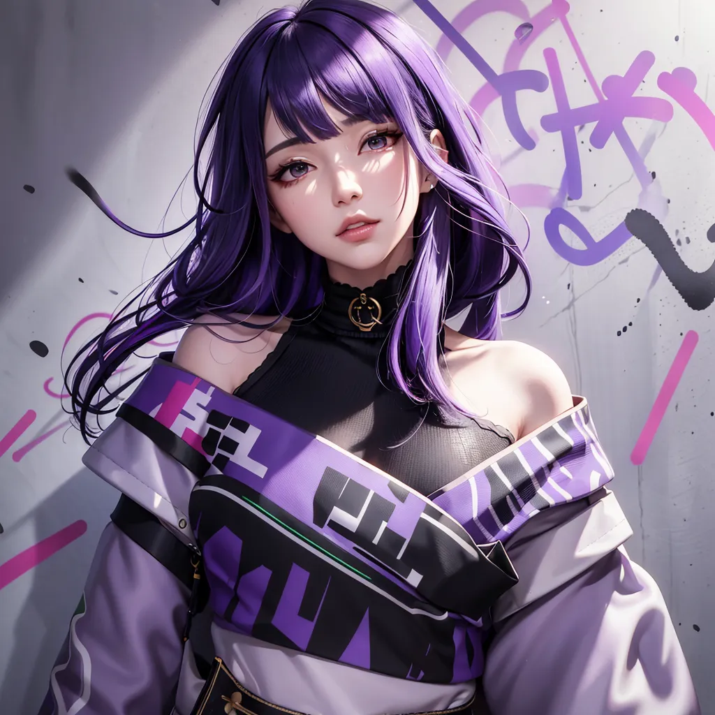 The image is a painting of a young woman with purple hair. She is wearing a black and purple outfit with a white collar. The background is white with purple graffiti.