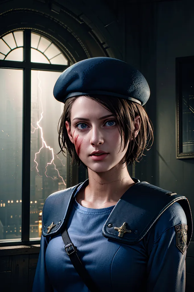 This is an image of Jill Valentine from the Resident Evil video game series. She is wearing her classic blue beret and STARS uniform. She has a determined look on her face and is looking towards the camera. There is a window in the background and a thunderstorm can be seen outside.