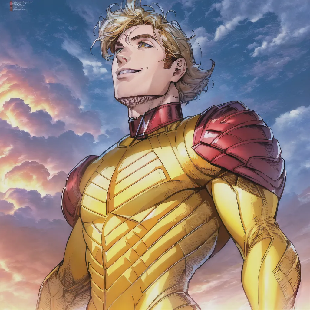 This image shows a superhero. He has blond hair, blue eyes, and a muscular build. He is wearing a yellow and red suit of armor. The suit has a high collar and shoulder pads. There is a red circle on the chest of the suit. The superhero is standing in front of a blue sky with clouds. He has a confident smile on his face.