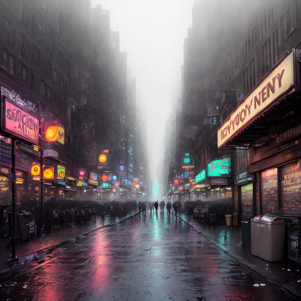 La imagen muestra una escena callejera en una ciudad lluviosa. La calle está mojada y hay charcos de agua en el suelo. Los edificios a ambos lados de la calle son altos y están cubiertos de letreros de neón y grafitis. Hay algunas personas caminando por la calle sosteniendo paraguas. La calle está iluminada por los letreros de neón y los faros de algunos coches. Hay un cubo de basura verde en el lado derecho de la imagen.