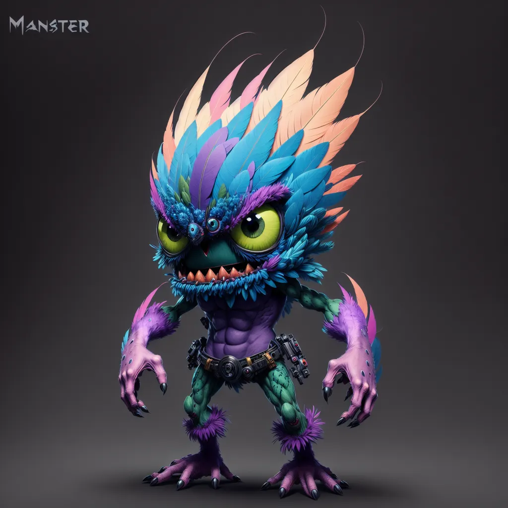 The image shows a colorful 3D rendering of a creature. It has a muscular green body with purple feathers covering its arms and legs. The creature's head is a large, round, yellow eye with a toothy mouth below it. It also has a large, pink, feathered crest on its head. The creature is standing on two legs and has sharp claws on its hands and feet. It also has a belt with two small holsters on it. The creature is standing in a dark, smoky background with a spotlight shining down on it.