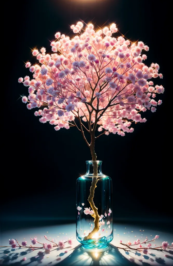 L'image est une magnifique peinture numérique d'un cerisier en fleurs dans un vase en verre. L'arbre est en pleine floraison, avec de délicates fleurs roses recouvrant ses branches. Le vase est rempli d'eau, et les racines de l'arbre sont visibles à travers le verre. L'arrière-plan est bleu foncé, ce qui fait ressortir l'arbre et les fleurs. L'effet global est celui de la beauté et de la tranquillité.