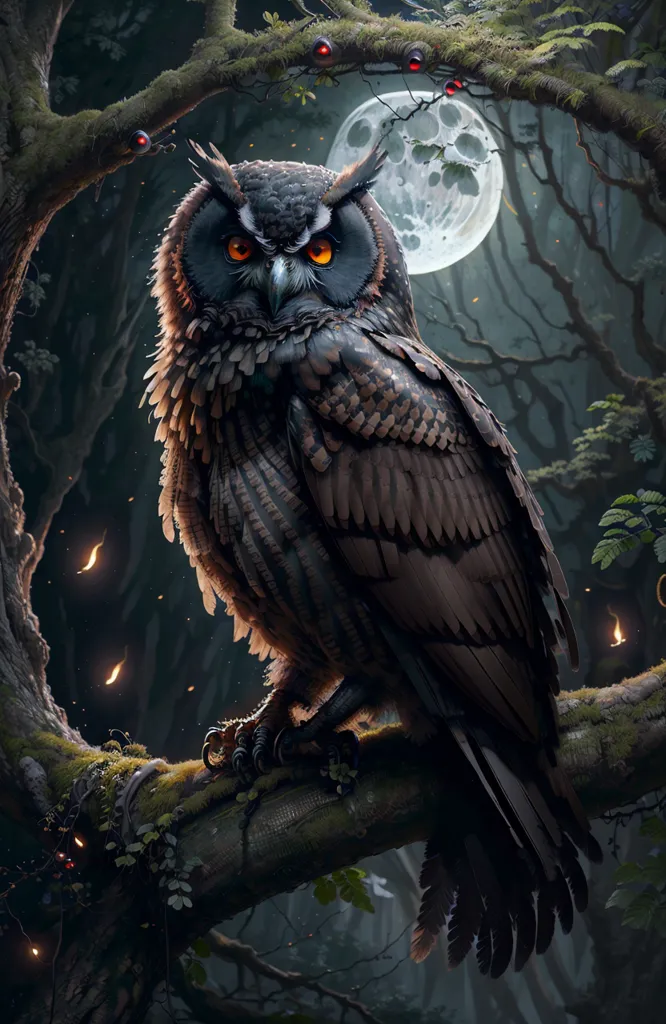 Un hibou de couleur sombre aux yeux jaune vif est perché sur une branche dans une forêt la nuit. Le hibou regarde le spectateur avec la tête légèrement tournée vers la droite. L'arrière-plan est une pleine lune et une forêt sombre. Le hibou est très détaillé et semble très réaliste.