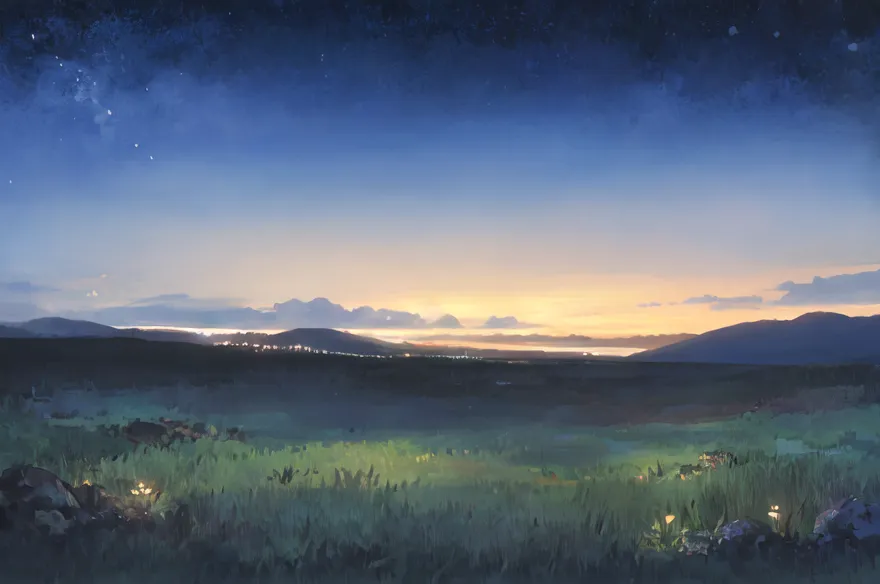 The image is a beautiful landscape painting. It shows a wide, grassy field in the foreground, with a forest of trees and mountains in the background. The sky is a deep blue, and there are many stars shining. The sun is setting, and the sky is a gradient of orange, yellow, pink, and blue. The field is green and lush, and there are many small flowers growing in it. There is a river running through the middle of the field. There are some ruins of a building on the left side of the image. The painting is very peaceful and serene, and it captures the beauty of the natural world.