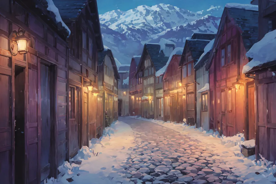 The image shows a street in a small village. The street is made of cobblestones and is covered in snow. There are several houses on either side of the street. The houses are made of wood and have steep roofs to help shed the snow. There is a snow-capped mountain in the distance. The sky appears to be getting dark and there are several lanterns lit along the street.