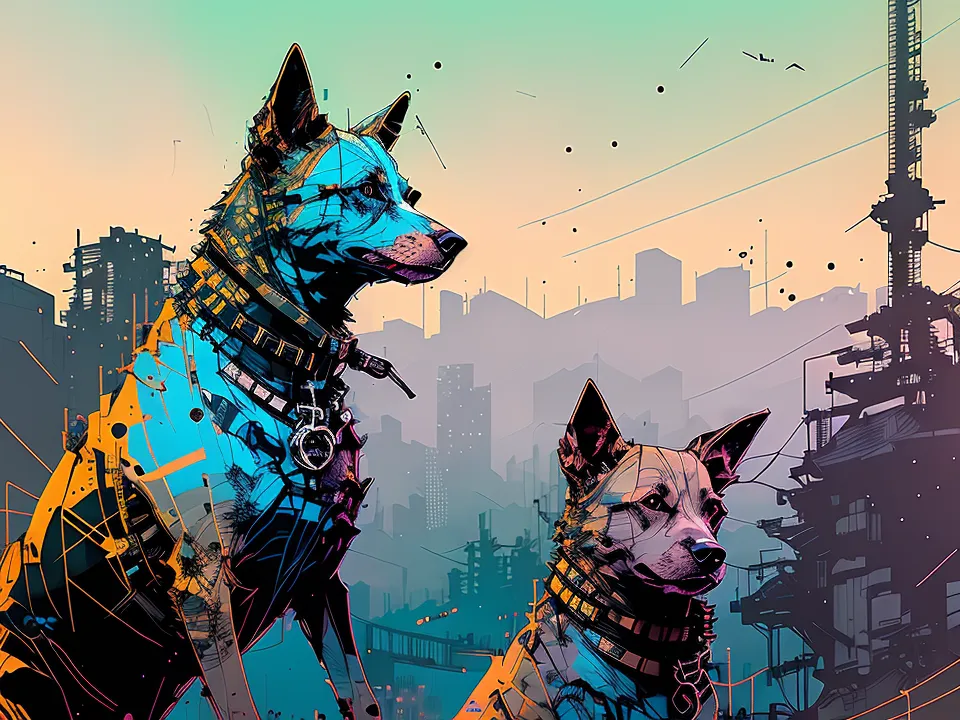 The image is of two dogs standing in front of a city. The dogs are both wearing collars and the one on the left has a chain attached to its collar. The city is in the background and is made up of tall buildings and skyscrapers. The sky is a gradient of orange and blue. The image has a post-apocalyptic feel to it.