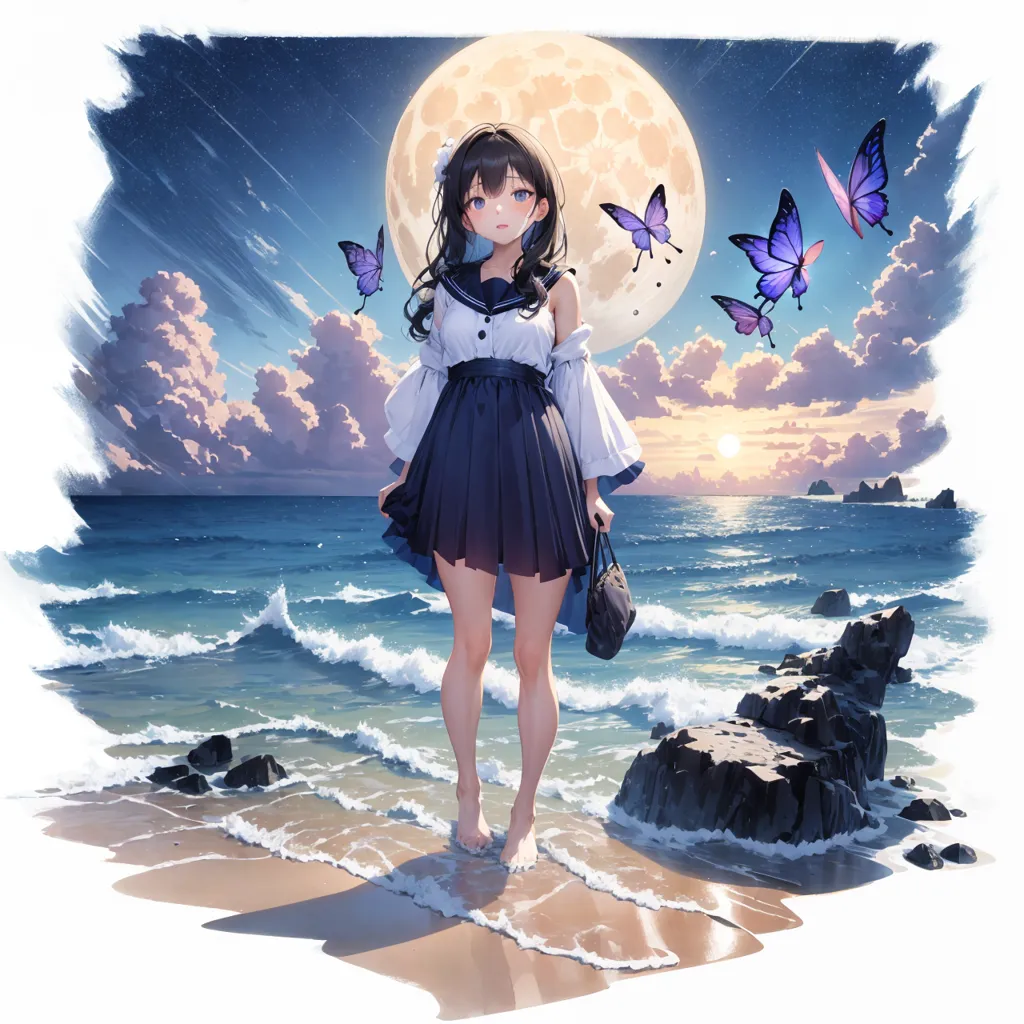 The image is a painting of a young girl standing on a beach at night. She is wearing a white blouse and a blue skirt. The girl has long brown hair and purple eyes. She is barefoot and is carrying a black bag. The moon is full and there are clouds in the sky. There are also four butterflies in the image. The waves are gently crashing on the shore. The painting is done in a realistic style and the colors are vibrant.