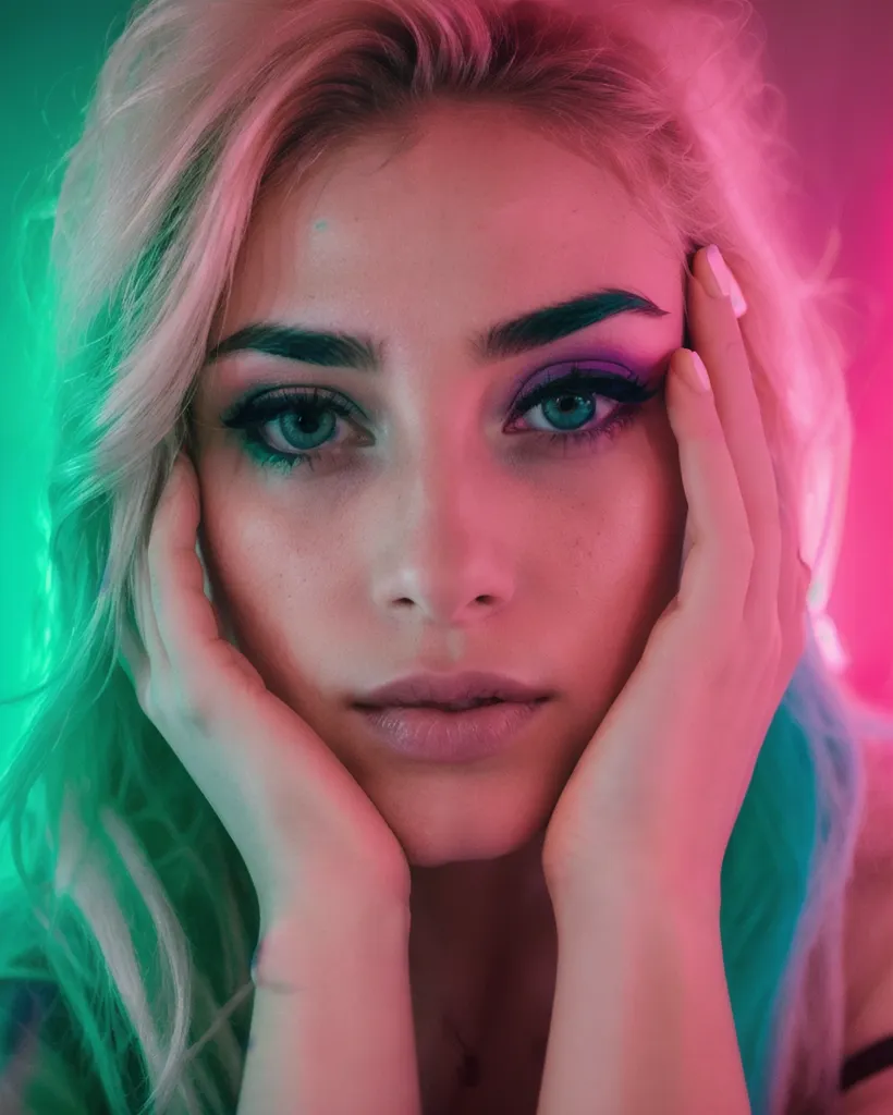 A foto mostra uma mulher jovem com maquiagem brilhante e neon-colorida. Ela tem sombra verde no olho esquerdo e sombra rosa no olho direito. Há uma faixa rosa brilhante em seu cabelo loiro. Ela está segurando o rosto com as mãos e olhando para a câmera com uma expressão séria.