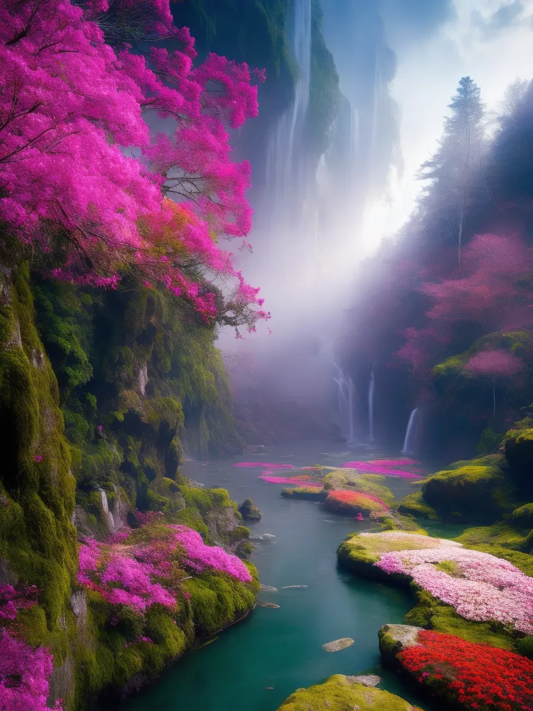 L'image est un magnifique paysage d'une cascade dans une forêt. La cascade est entourée de hautes falaises recouvertes d'une végétation verte luxuriante. L'eau est d'un bleu et vert cristallins, et elle se déverse sur le bord de la falaise en un torrent puissant. La forêt est remplie d'une variété d'arbres, notamment des cerisiers en fleurs, et le sol est recouvert d'un tapis de mousse et de fleurs. Il y a une rivière qui traverse le milieu de la forêt avec des rochers et des rochers recouverts de mousse dans la rivière. Le ciel est d'un bleu clair parsemé de nuages légers, et le soleil brille brillamment, créant un bel arc-en-ciel dans la brume de la cascade. L'effet global est celui de la beauté et de la tranquillité.