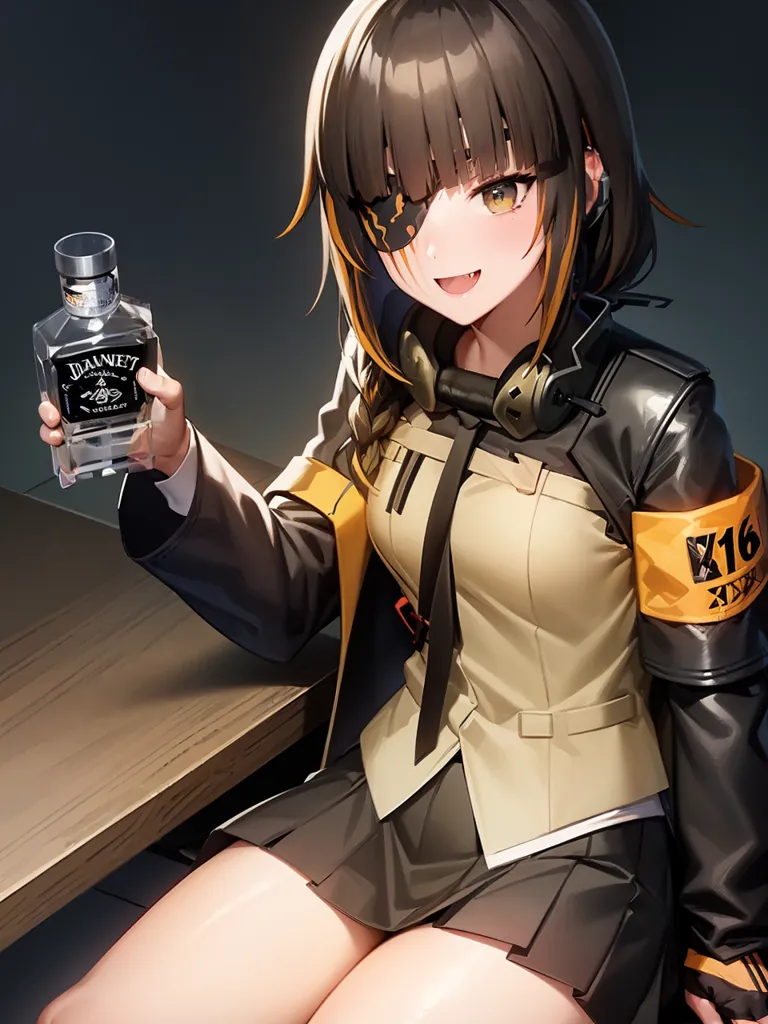 The image is of an anime girl with brown hair and yellow eyes. She is wearing a black and yellow jacket, a white shirt, and a gray skirt. She is also wearing a black eyepatch over her right eye and has a pair of headphones around her neck. The girl is sitting on a bar stool, with her left leg crossed over her right. She is holding a bottle of whiskey in her right hand and has a mischievous smile on her face. The background is a dark brown color, with a spotlight shining down on the girl.