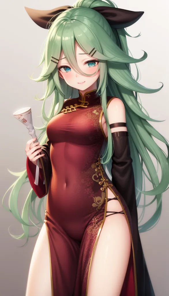 The image is of an anime girl with long green hair and blue eyes. She is wearing a red cheongsam with a high slit and a black obi. She is also wearing black stockings and a pair of red and gold shoes. She has a small white cup in her right hand. She has a gentle smile on her face and is looking at the viewer.