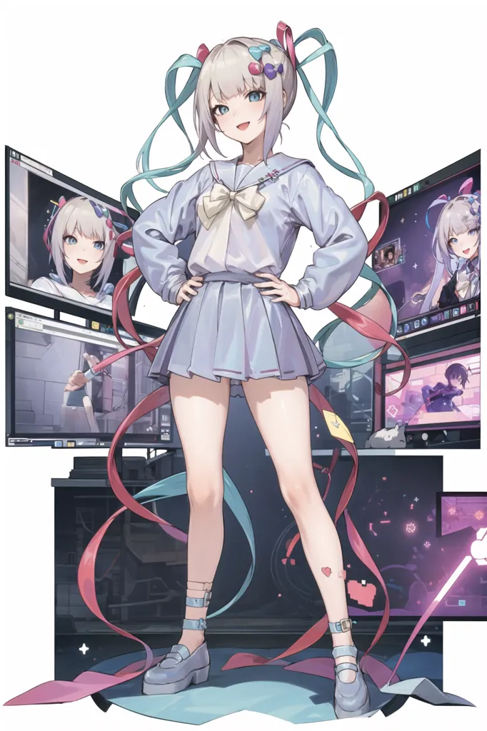 The image is a depiction of a young woman with a cheerful expression on her face. She is standing in front of a white background, and there are several screens and electronic devices arranged around her. The woman is wearing a white and blue sailor-style outfit, and she has long green hair that is tied up in twintails. She is also wearing a pair of cat ears and a tail, and there are several heart-shaped decorations floating around her. The image is drawn in a realistic style, and the colors are vibrant and bright.