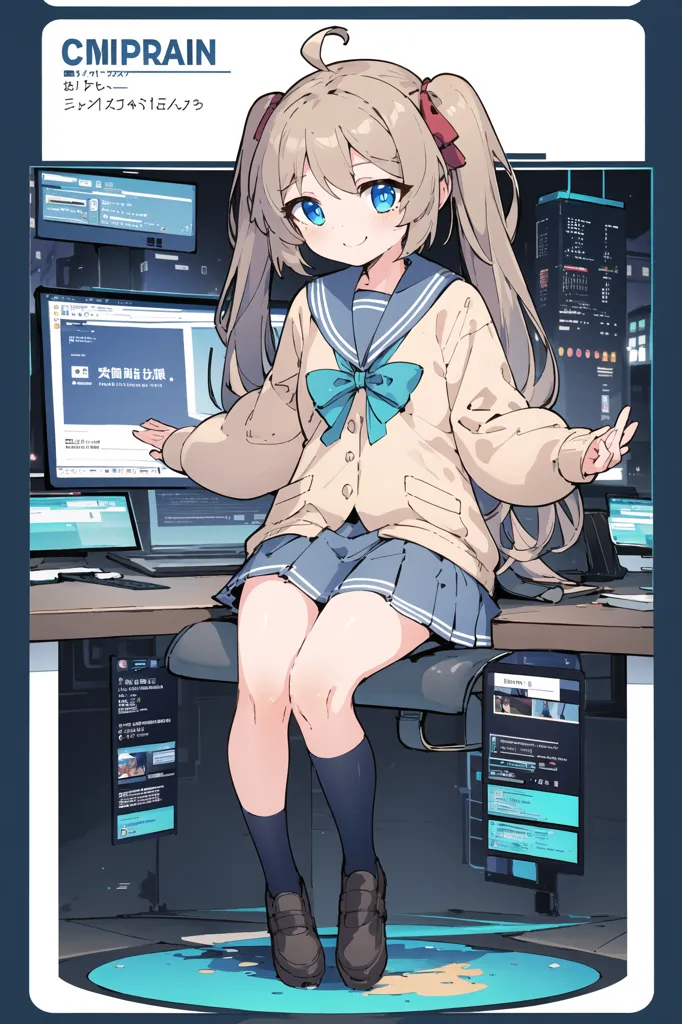 The image depicts an anime-style girl with long blonde hair and blue eyes. She is wearing a white blouse, a blue skirt, and a brown sweater. She is sitting on a chair in front of a desk with multiple computer monitors. The girl is smiling and has her right hand raised in a peace sign. There are several chat windows open on the computer screens, and a window with a command prompt is also visible.