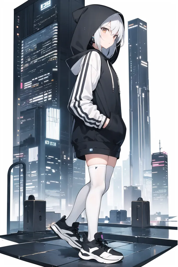 The image is of a young woman standing on a rooftop in a futuristic city. She is wearing a black hoodie with white stripes and a white skirt. She has white hair and cat ears. She is looking at the city with a pensive expression. The city is full of tall buildings and skyscrapers, with a blue sky and white clouds in the background.