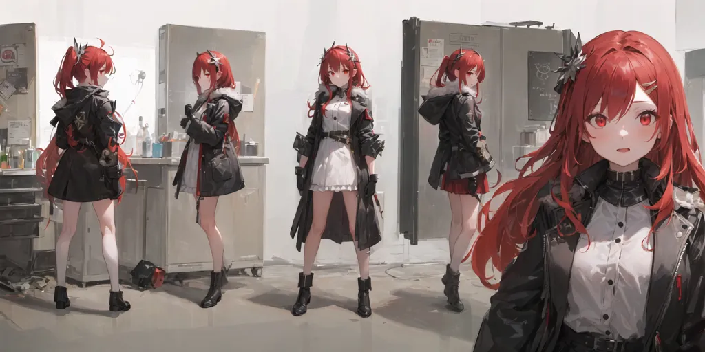 La imagen muestra a una chica de anime con el cabello largo y rojo y ojos rojos. Lleva una camisa blanca, una falda negra y una chaqueta negra. También lleva un par de botas negras y un sombrero negro. Está de pie en una habitación con un refrigerador y un armario. Hay otras tres versiones de ella en la imagen, cada una con una postura ligeramente diferente.