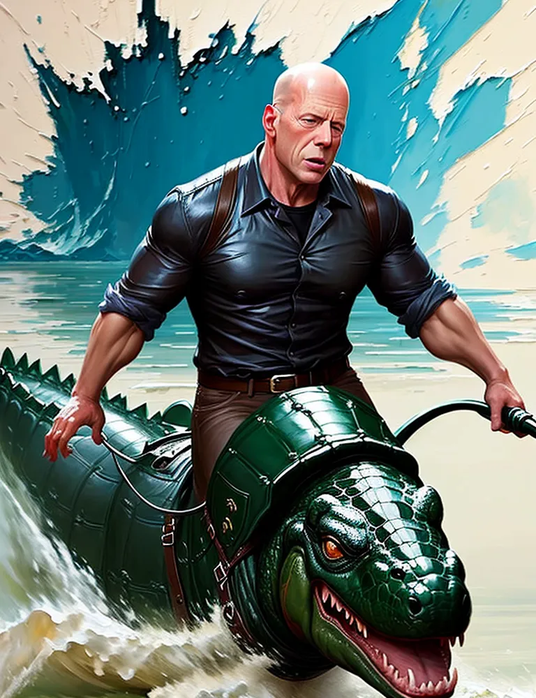 Esta é uma imagem de Bruce Willis montando um crocodilo. Ele está usando uma camisa preta e calças marrons. O crocodilo é verde e tem uma barriga amarela. Ambos estão na água. O fundo é um oceano azul com ondas brancas.