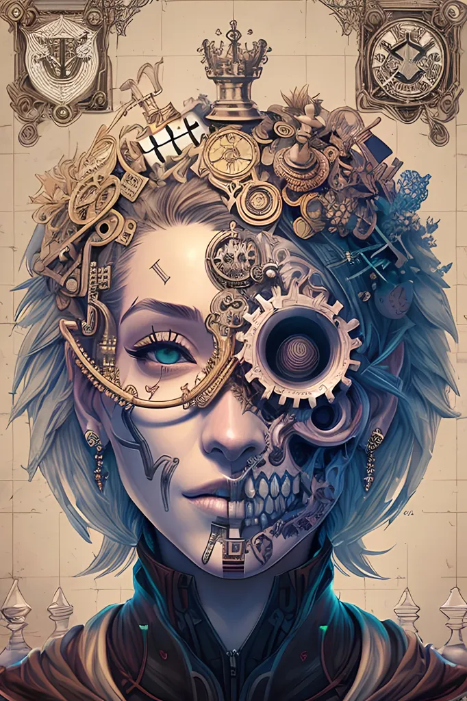 The picture shows a woman's face. Half of her face is covered in steampunk accessories, including gears, cogs, and a clock. The other half of her face is a skull. She has blonde hair and green eyes. She is wearing a black and red outfit. The background is white with a chessboard pattern.