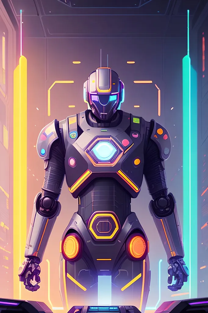 La imagen es una pintura digital de un robot. El robot está de pie en una habitación futurista, con un fondo azul brillante. El robot está hecho de metal y tiene un esquema de color negro, amarillo y blanco. Lleva un casco y tiene un ojo azul brillante. El robot también lleva una mochila y tiene un arma en la mano.