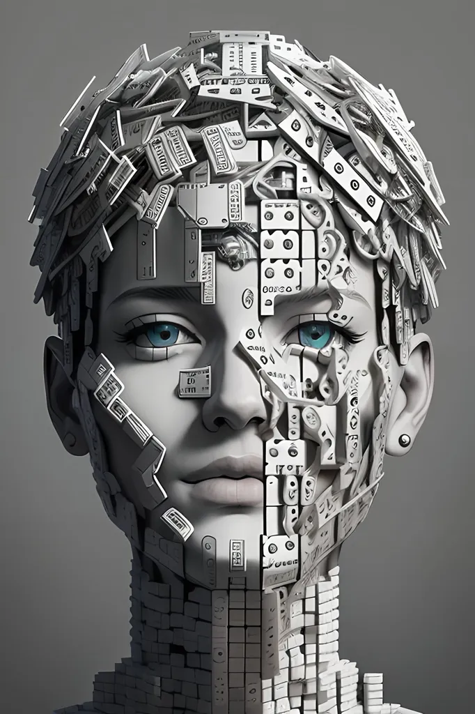 The image is a portrait of a woman. Her face is made up of various electronic components. The background is a light gray. The woman's expression is serious. She is looking at the viewer with her blue eyes. Her hair is made up of circuit boards. She is wearing a necklace made of electronic components.