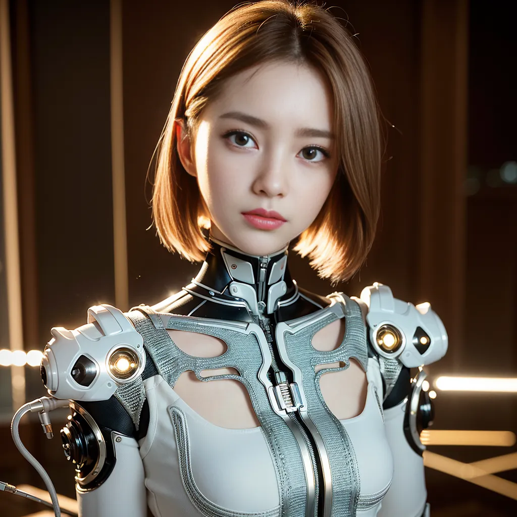 The image depicts a beautiful young woman with short brown hair and light makeup. She is wearing a futuristic white and silver outfit with intricate details and glowing elements. The outfit covers her neck, chest, and shoulders, and has a zipper in the front. She is looking at the viewer with a serious expression. The background is blurred and consists of dark colors, with two bright lights on either side of the woman's head.