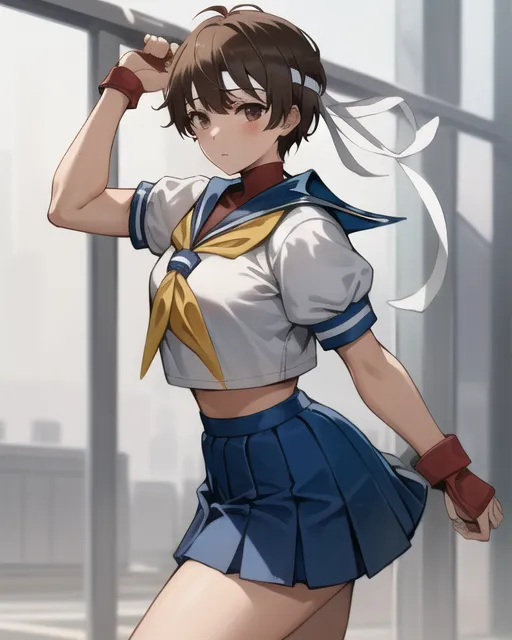 The image depicts a young woman with brown hair and brown eyes. She is wearing a white and blue sailor fuku, a red headband, and red wristbands. She is standing in a fighting stance, with her left fist raised and her right fist at her side. She has a determined expression on her face. The background is a blurred cityscape.