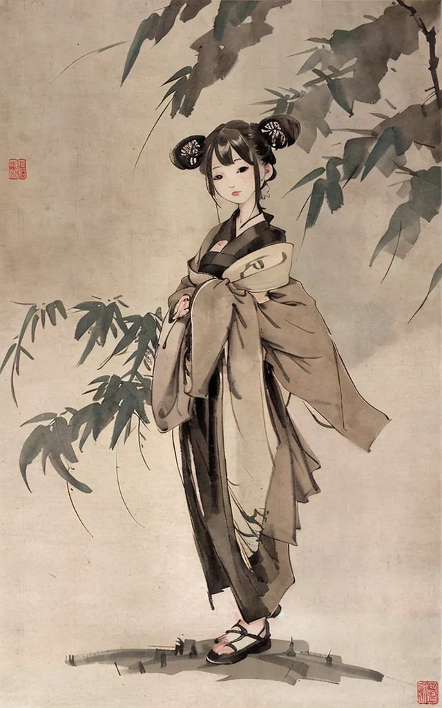 A imagem é uma pintura chinesa de uma jovem mulher em pé em uma floresta de bambu. A mulher usa um vestido branco longo com uma capa cinza por cima e tem o cabelo preso em um coque. Ela está de pé com as mãos dentro das mangas, olhando para o observador com uma expressão serena. A floresta de bambu é pintada em um estilo realista, com as folhas e os galhos representados com grande detalhe. A pintura é feita em uma paleta de cores suave, com os verdes do bambu e os cinzas da roupa da mulher predominando. O efeito geral é de paz e tranquilidade.