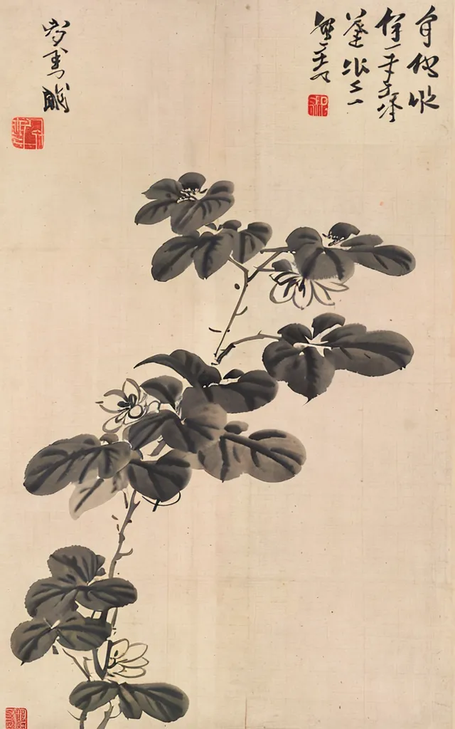 The image is a Chinese painting of a flowering plant. The plant has dark green leaves and white flowers. The leaves are arranged in a symmetrical pattern around the stem. The flowers are small and delicate, and they are clustered together at the top of the stem. The painting is done in a realistic style, and the artist has used a variety of brushstrokes to create the different textures of the leaves and flowers.