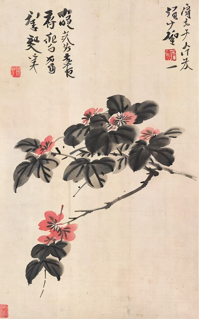 L'image est une peinture chinoise de fleurs d'hibiscus. La peinture est réalisée dans un style réaliste, et l'artiste a utilisé une variété de coups de pinceau pour créer les différentes textures des fleurs et des feuilles. La peinture est également très détaillée, et l'artiste a capturé la beauté des fleurs d'hibiscus dans les moindres détails. La peinture est montée sur un rouleau de soie, et il y a un poème écrit en calligraphie chinoise en haut du rouleau.