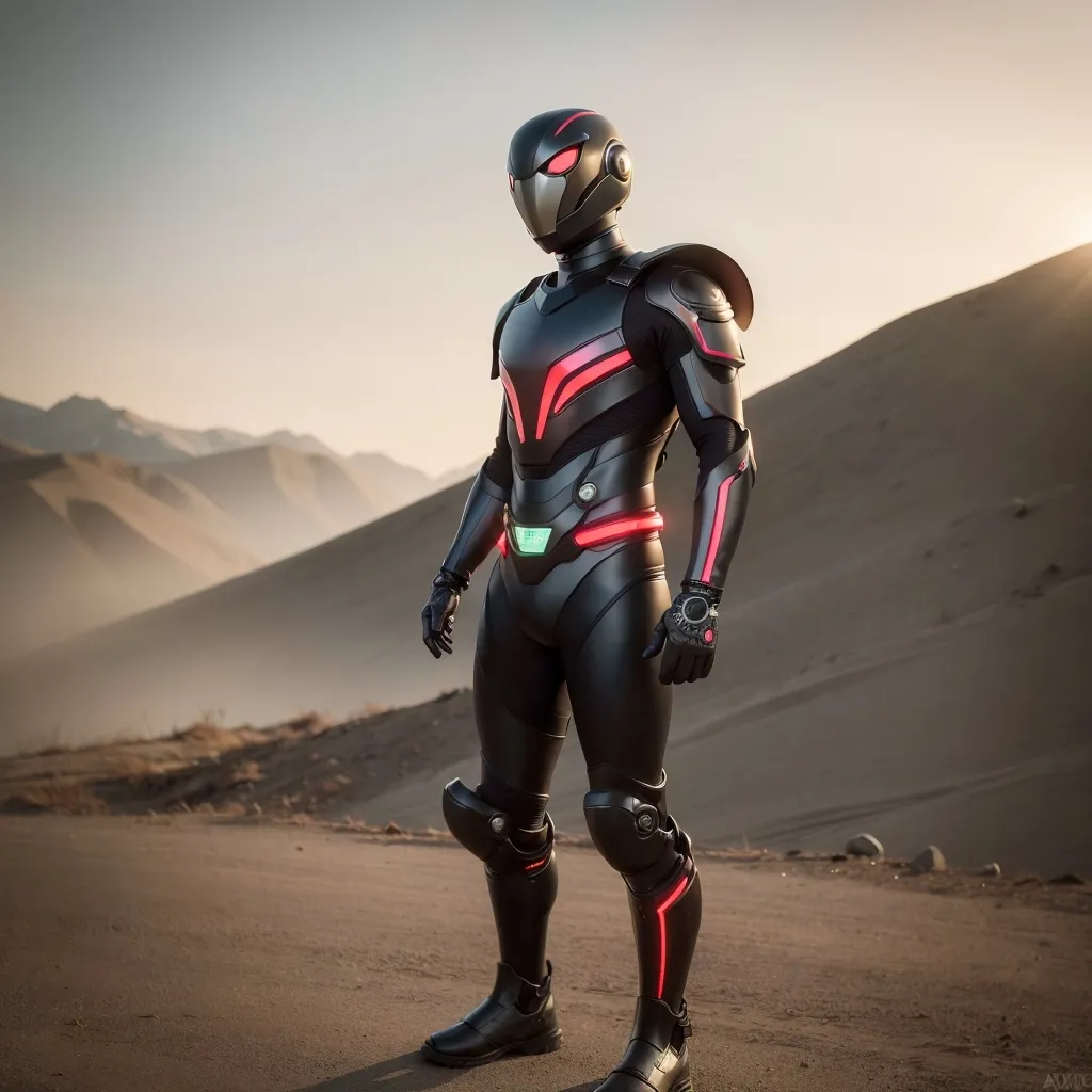 The image shows a man wearing a black and red futuristic armor suit. The suit has a helmet with a red visor, and red lights on the chest, arms, and legs. There is a green light on the left arm. The man is standing in a desert landscape, with mountains in the background.