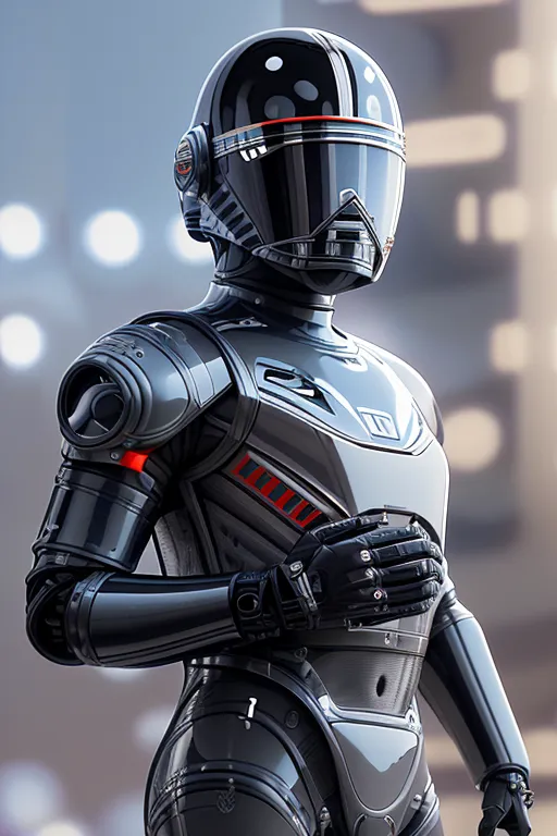 The image is a digital painting of a humanoid robot. The robot is wearing a black and gray suit of armor and a helmet with a red visor. It has a red stripe on its chest and arms. The robot is standing in a futuristic city. There are tall buildings and lights in the background. The painting is done in a realistic style and the robot looks very detailed.