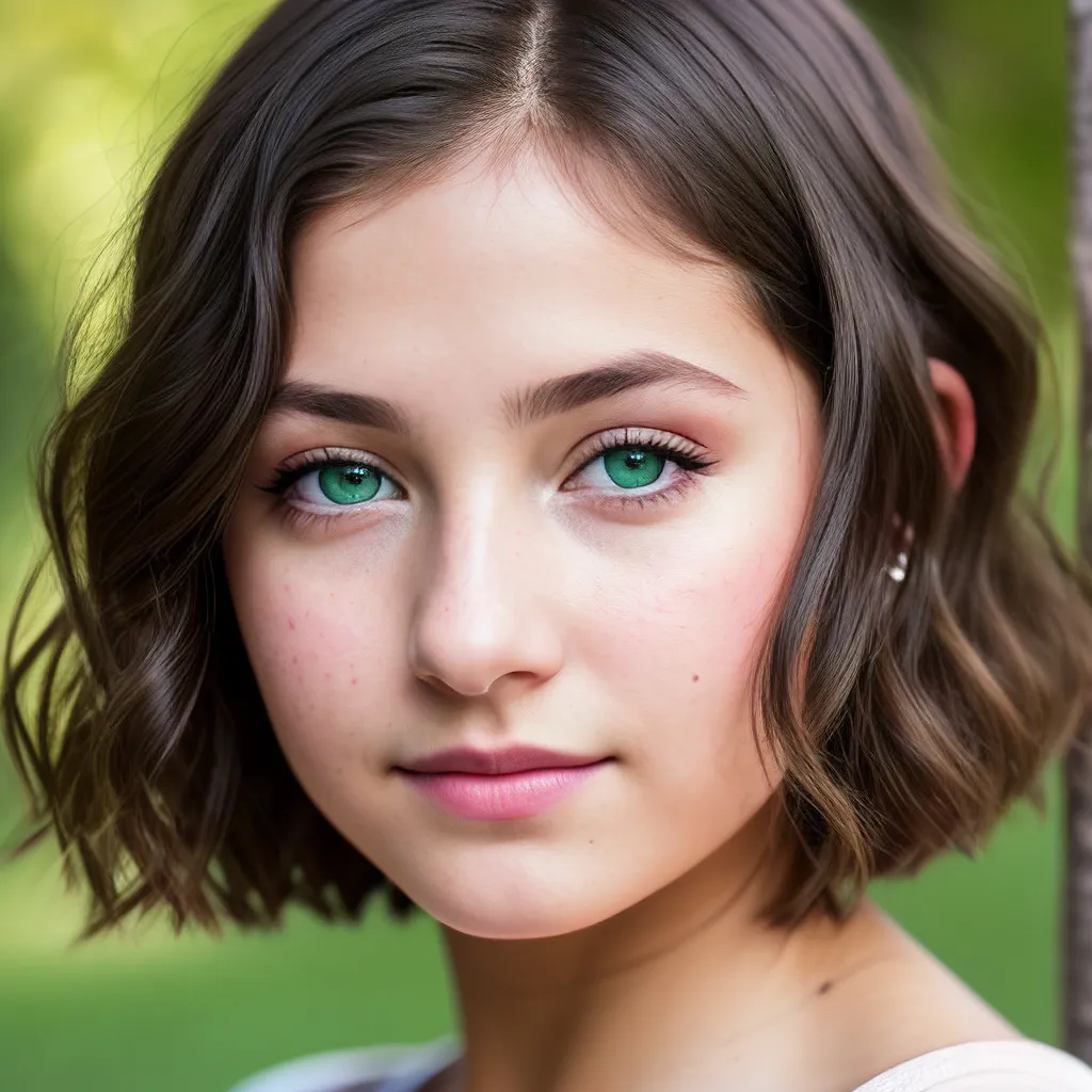 The image is a portrait of a young girl with short brown hair and green eyes. She is wearing a white shirt and has a soft smile on her face. The background is blurred and is a light green color. The girl's hair is styled in a way that it is flipped out at the ends. She has a small stud earring in her left ear. Her skin is fair and flawless. Her lips are a soft pink color. She has a small mole on her right cheek.