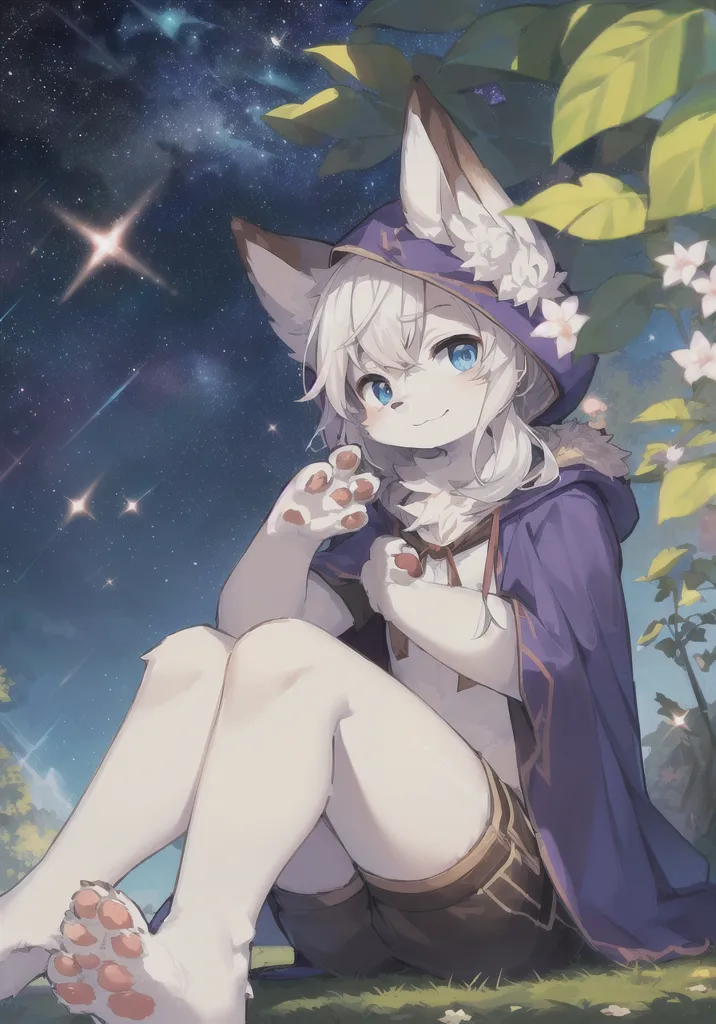 The image is of a furry character with white hair and blue eyes. The character is wearing a purple hood with a white flower on it. The character is sitting in a field of grass and looking at the night sky. The sky is full of stars and there are two shooting stars in the sky. There are also some plants and trees in the background.