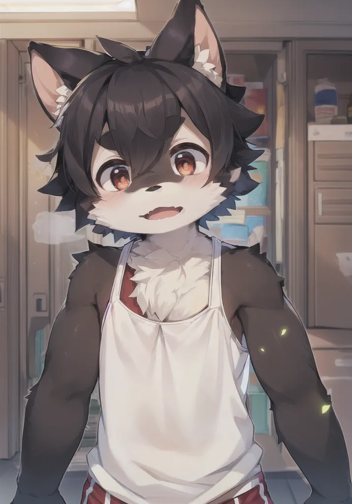 The image shows a young man with dark hair and eyes. He is wearing a white apron over a gray tank top and red shorts. He has animal ears and a tail, which suggests that he is a werewolf. He is standing in a kitchen, and there is a refrigerator and a cabinet behind him. He has a happy expression on his face.