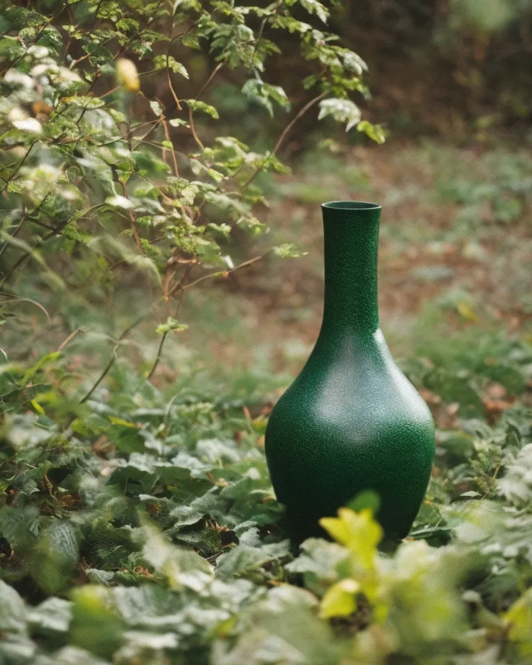 A green textured vase sits on the forest floor, surrounded by green foliage.