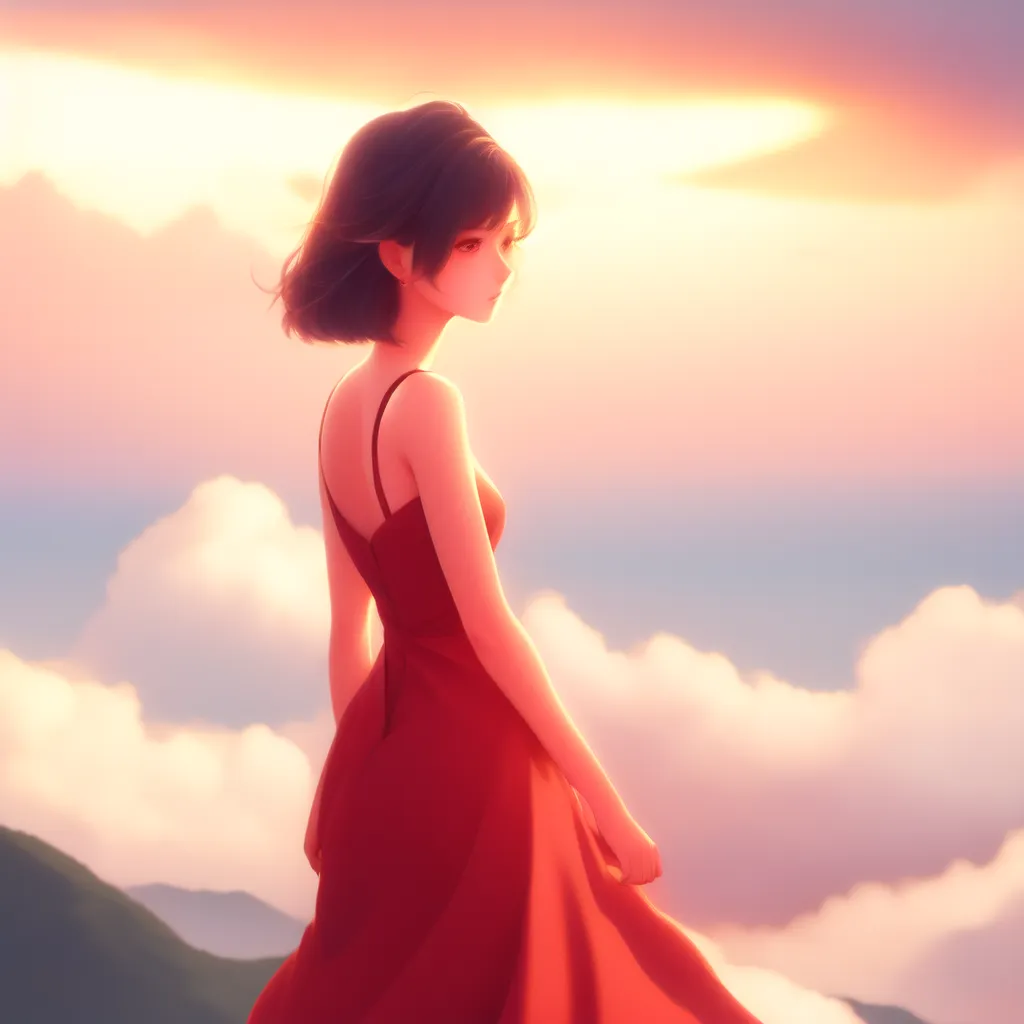 An anime girl with short brown hair is wearing a red dress and standing on a cliff. The sky is a bright orange color, and there are clouds in the background. The girl is looking down at the view.