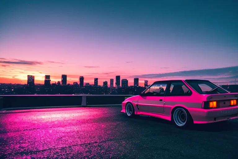 La imagen es una ilustración con estilo retrowave de una ciudad por la noche. El cielo tiene un color rosa brillante y la ciudad está llena de luces brillantes. Un coche rosa está estacionado en primer plano y hay palmeras a lo largo de la calle. La imagen es muy reminiscente de los años 80 y tiene un aire muy nostálgico.