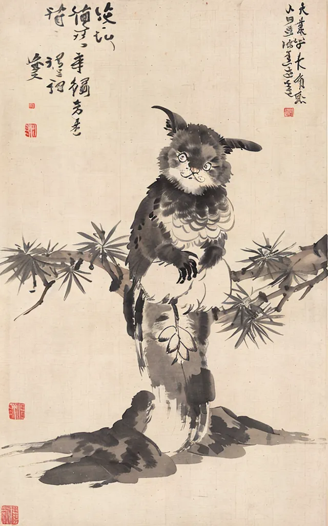 The image is a Chinese painting of a cat. The cat is sitting on a branch of a pine tree. The cat has a long tail and sharp claws. The cat is looking at the viewer with a curious expression. The painting is done in a realistic style and the artist has used a variety of brushstrokes to create the different textures of the cat's fur, the pine needles, and the tree trunk.