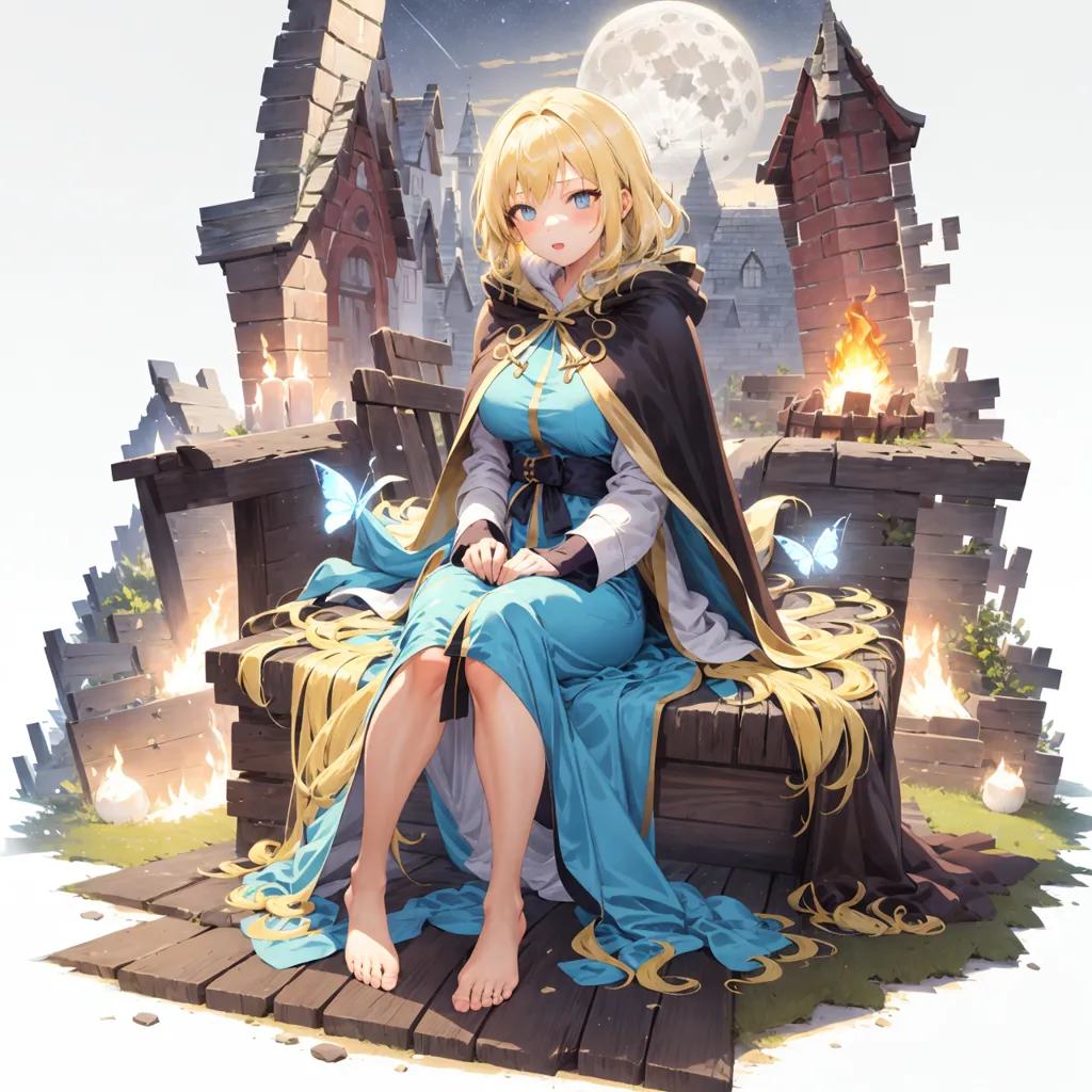 The image is of a young woman with long blonde hair and blue eyes. She is wearing a blue dress with a white camisole and a brown cloak. She is sitting on a wooden bench in a ruined city. There are two blue butterflies near her. There is a fire burning in the background and a full moon in the sky.