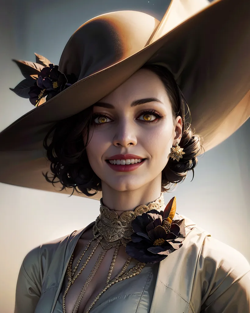 The image shows a beautiful woman with long black hair and golden eyes. She is wearing a large brown hat with black and gold flower decorations. She is also wearing a gold necklace with a black flower pendant. The woman has a confident smile on her face.