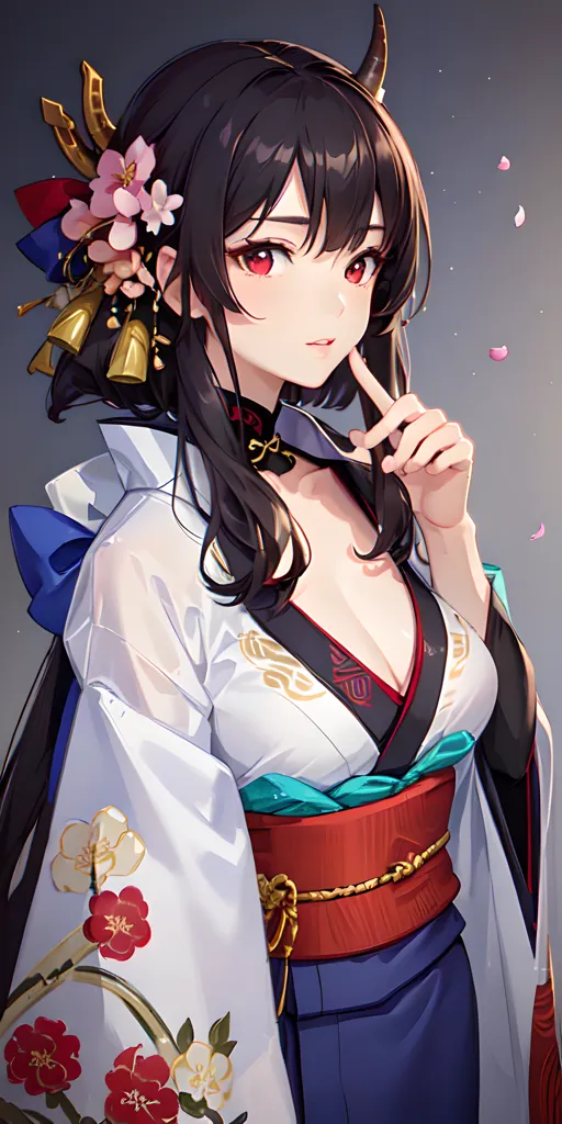 The picture shows a young woman with long black hair and red eyes. She is wearing a traditional Japanese kimono with a red and blue obi. The kimono is decorated with white and pink flowers. The woman has a thoughtful expression on her face and is holding her finger to her lips. She has horns protruding from her head and is surrounded by cherry blossoms.